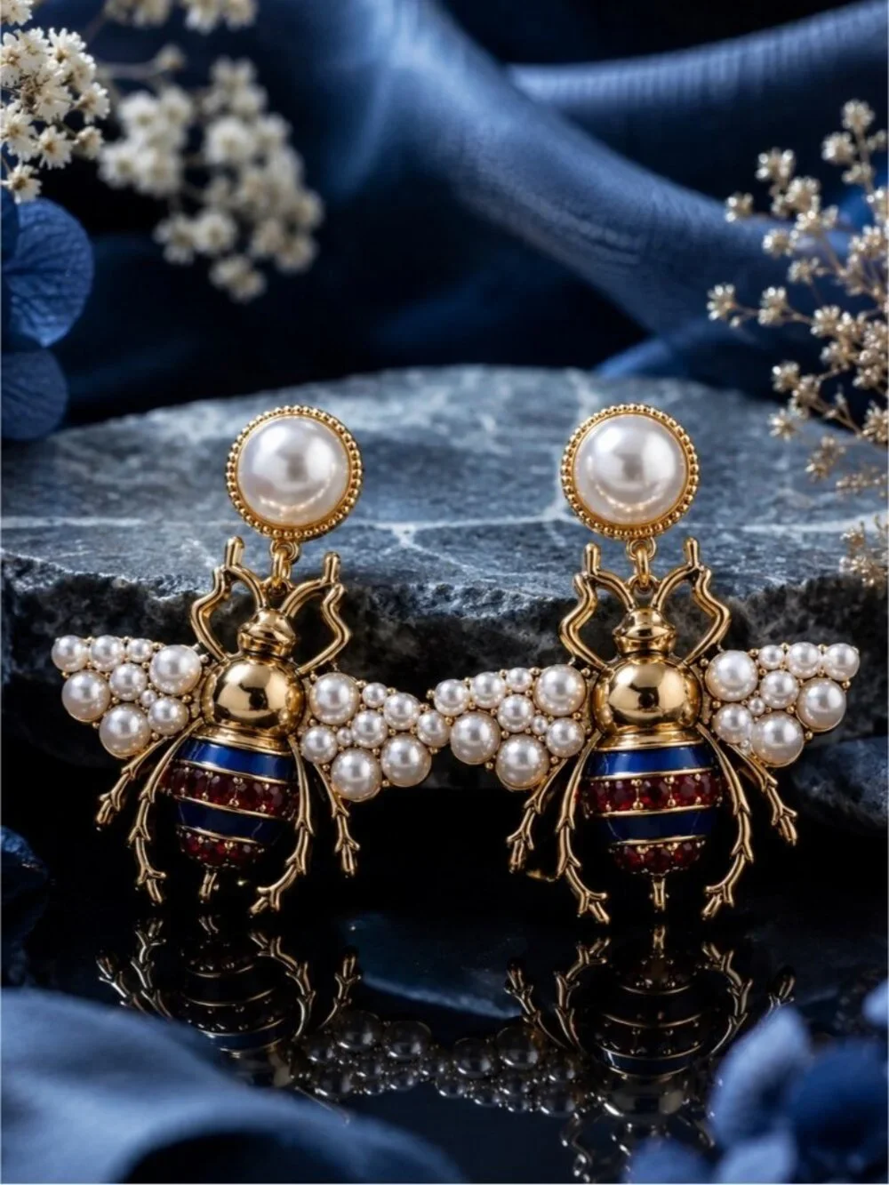 Pearl Bee Drop Earrings - Gold and Blue